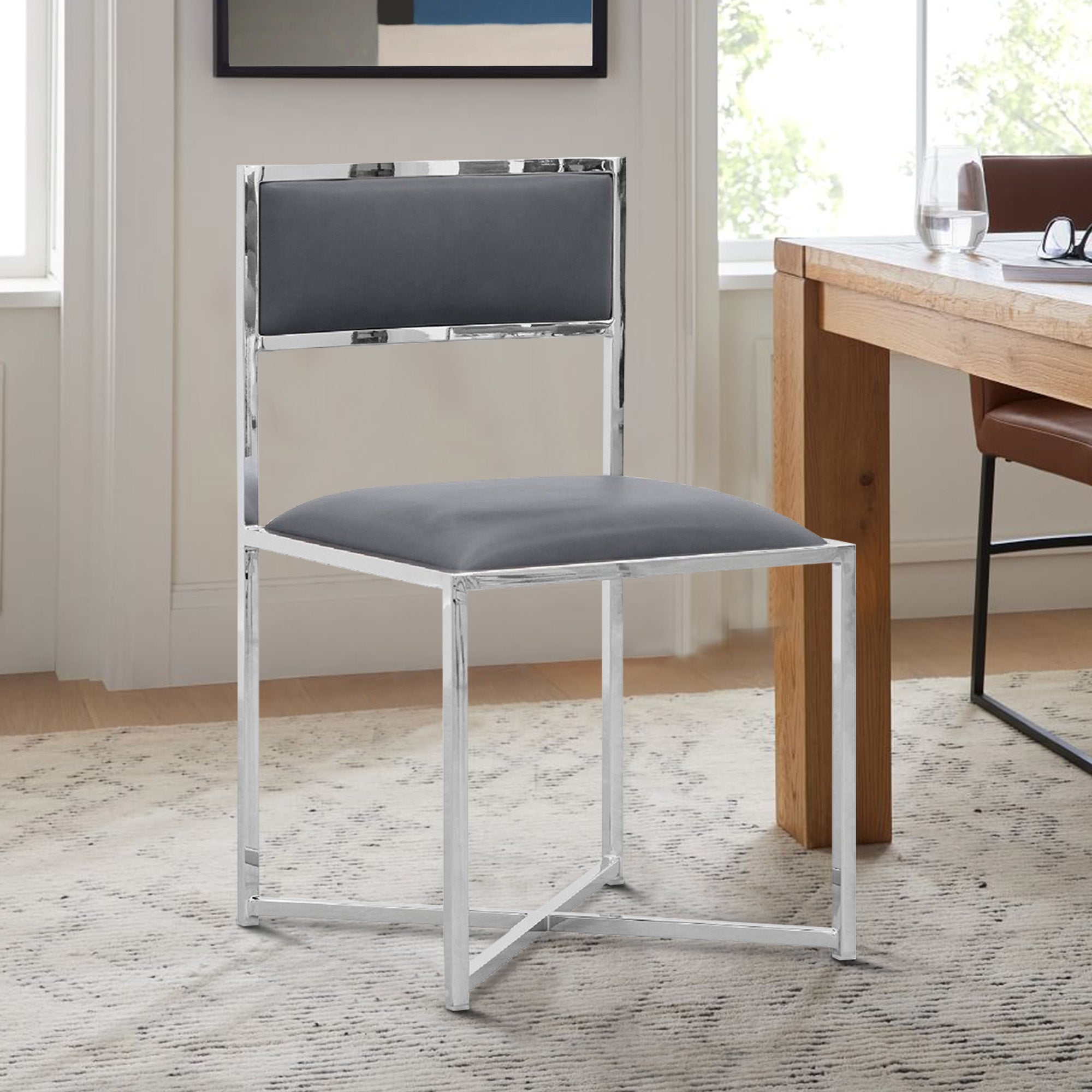 Benjara Eun 20 Inch Faux Leather Dining Chair, Chrome Base, Set of 2, Dark Gray