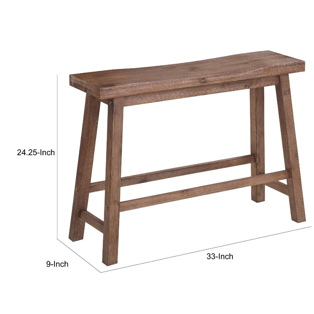Benjara Amber 33 Inch Rubberwood Bench with Saddle Seat, Rectangular, Brown