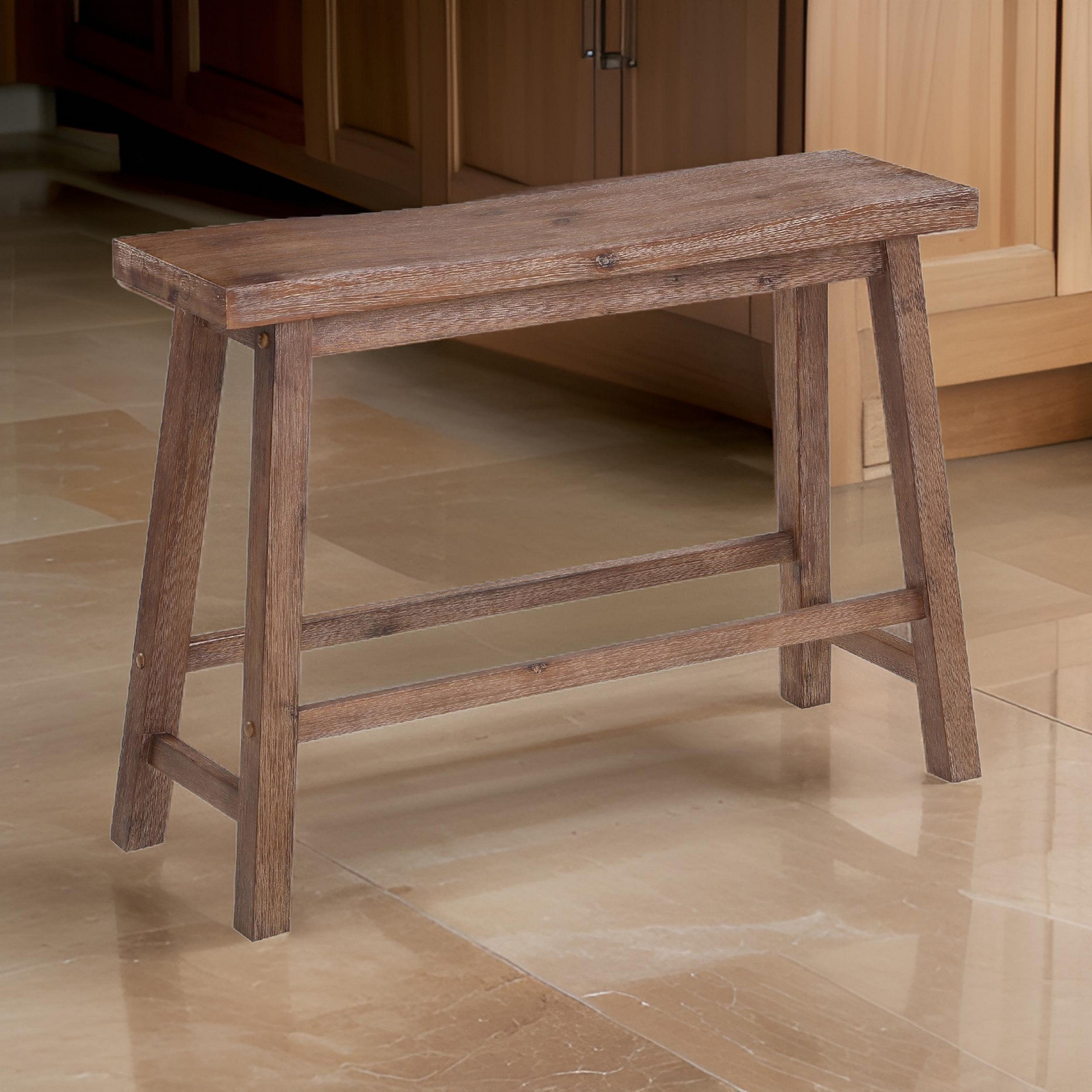 Benjara Amber 33 Inch Rubberwood Bench with Saddle Seat, Rectangular, Brown