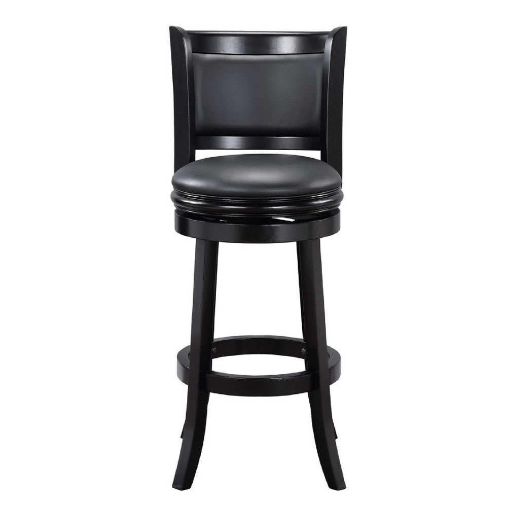 Benjara 29 Inch Pio Solid Wood Swivel Barstool, Vegan Faux Leather, Curved Backrest, Black