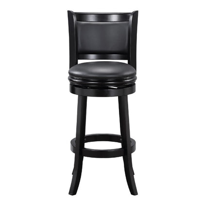 Benjara 29 Inch Pio Solid Wood Swivel Barstool, Vegan Faux Leather, Curved Backrest, Black