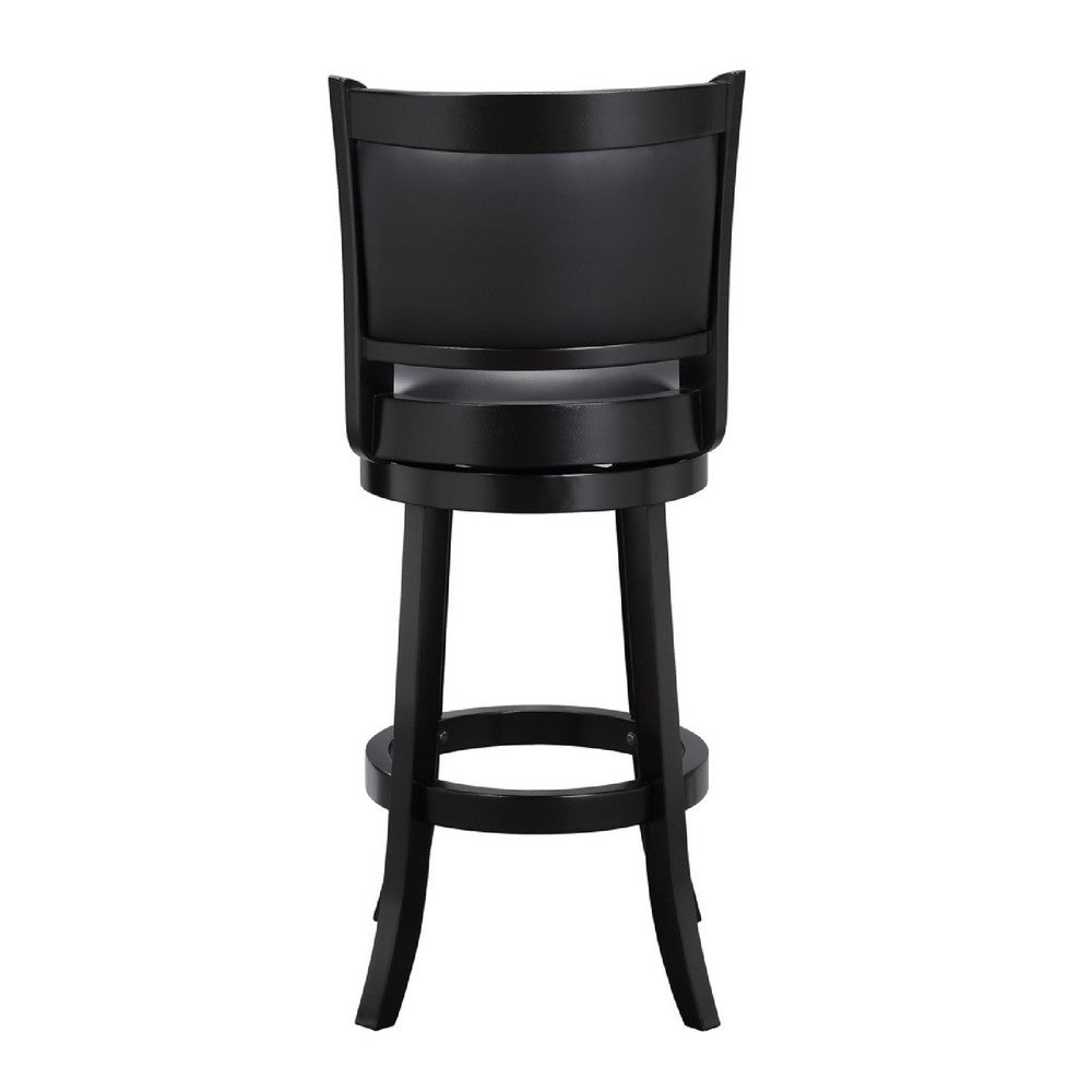 Benjara 29 Inch Pio Solid Wood Swivel Barstool, Vegan Faux Leather, Curved Backrest, Black