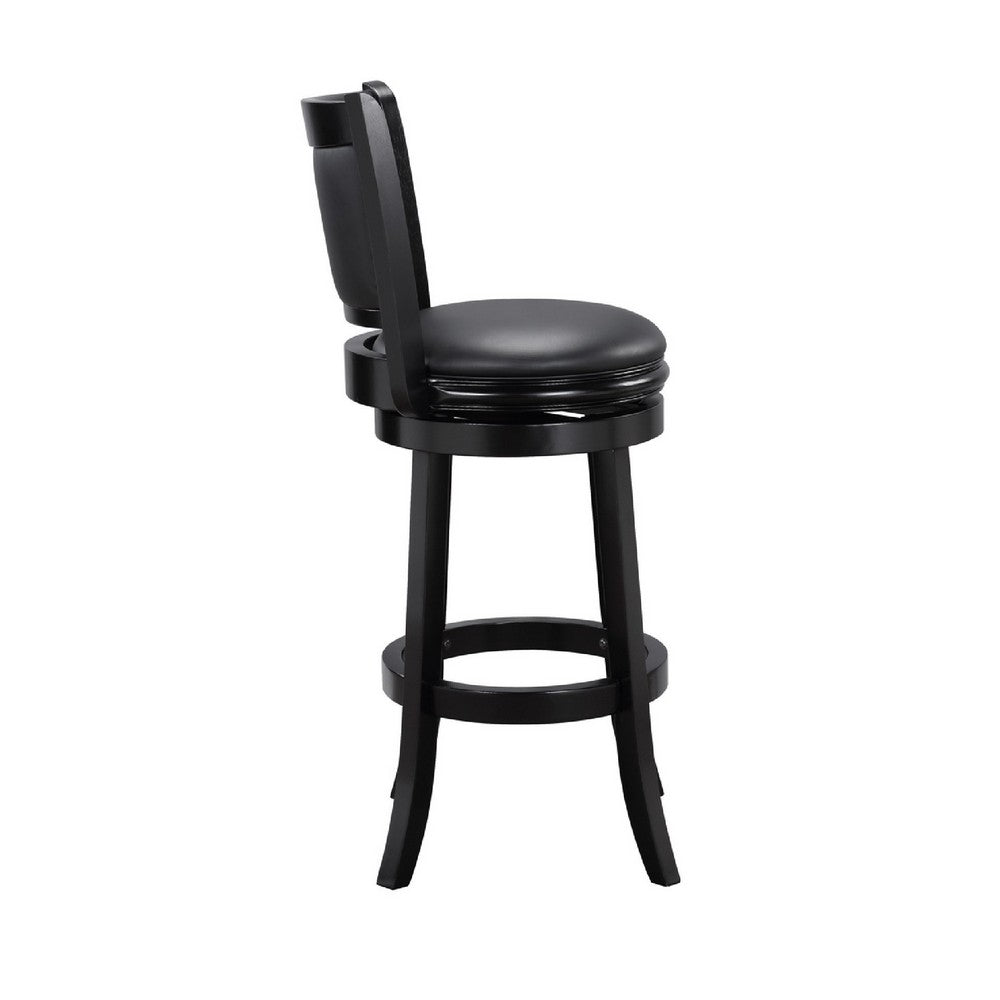 Benjara 29 Inch Pio Solid Wood Swivel Barstool, Vegan Faux Leather, Curved Backrest, Black