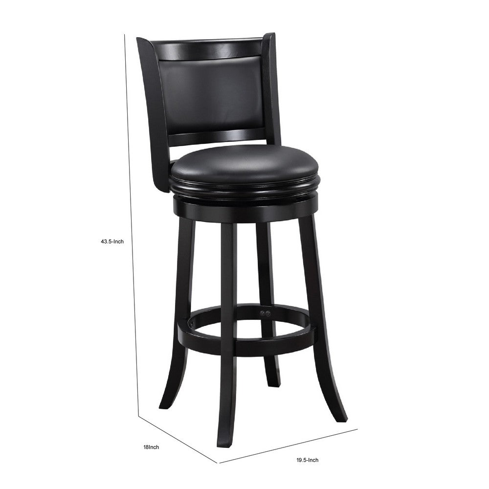 Benjara 29 Inch Pio Solid Wood Swivel Barstool, Vegan Faux Leather, Curved Backrest, Black