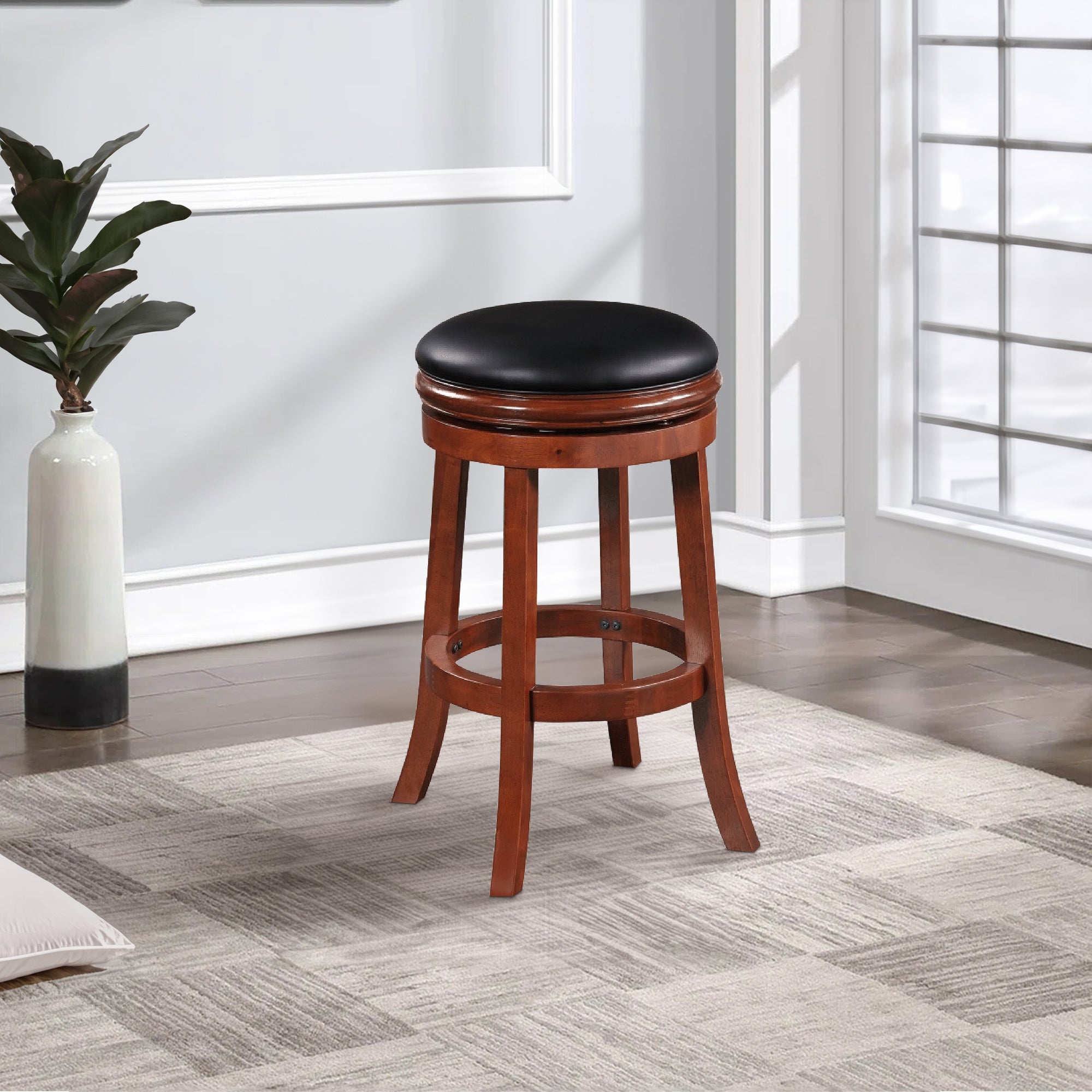 Benjara Sabi 30 inch Swivel Counter Stool, Solid Wood, Faux Leather, Brown, Black
