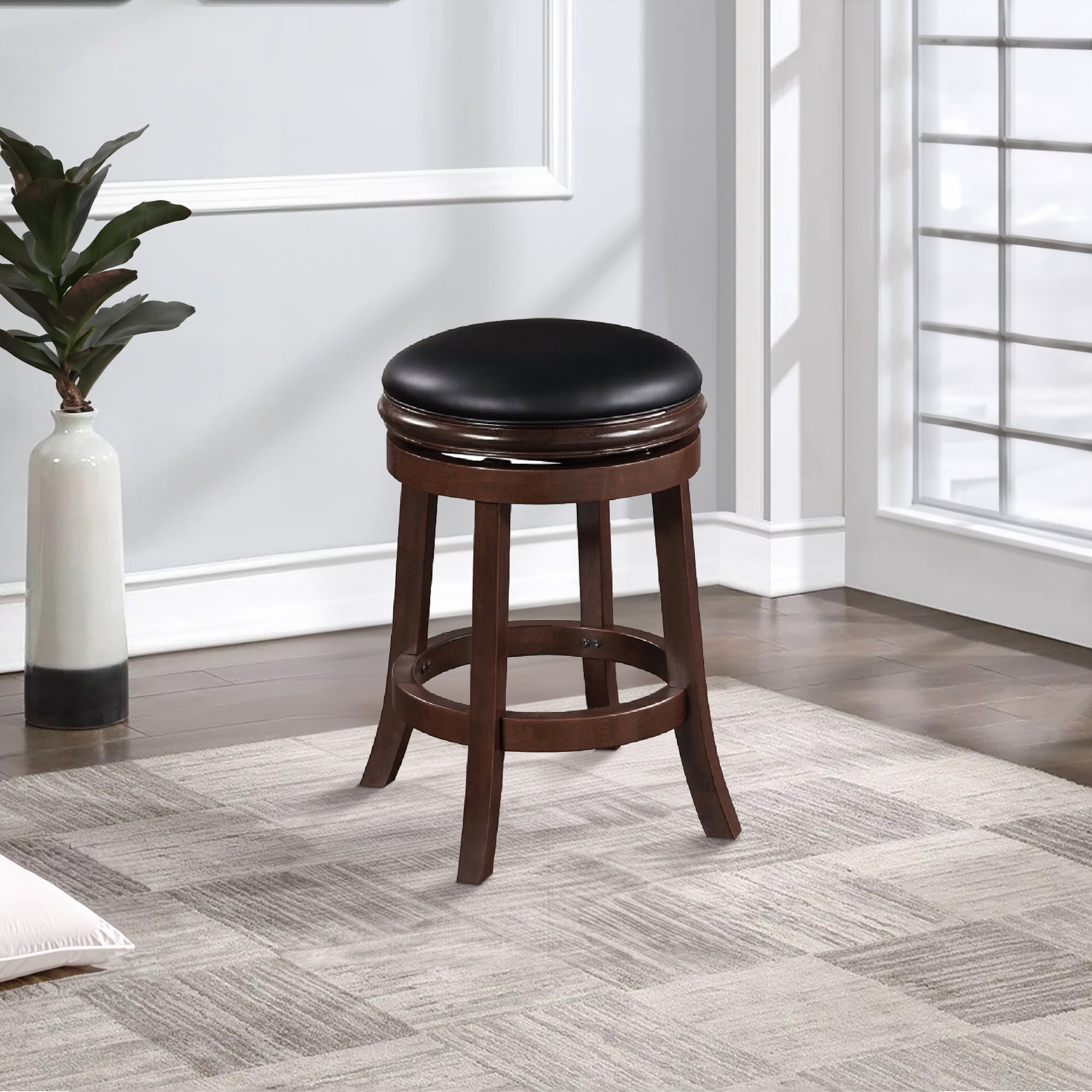 Benjara Sabi 24 inch Swivel Counter Stool, Solid Wood, Faux Leather, Brown, Black
