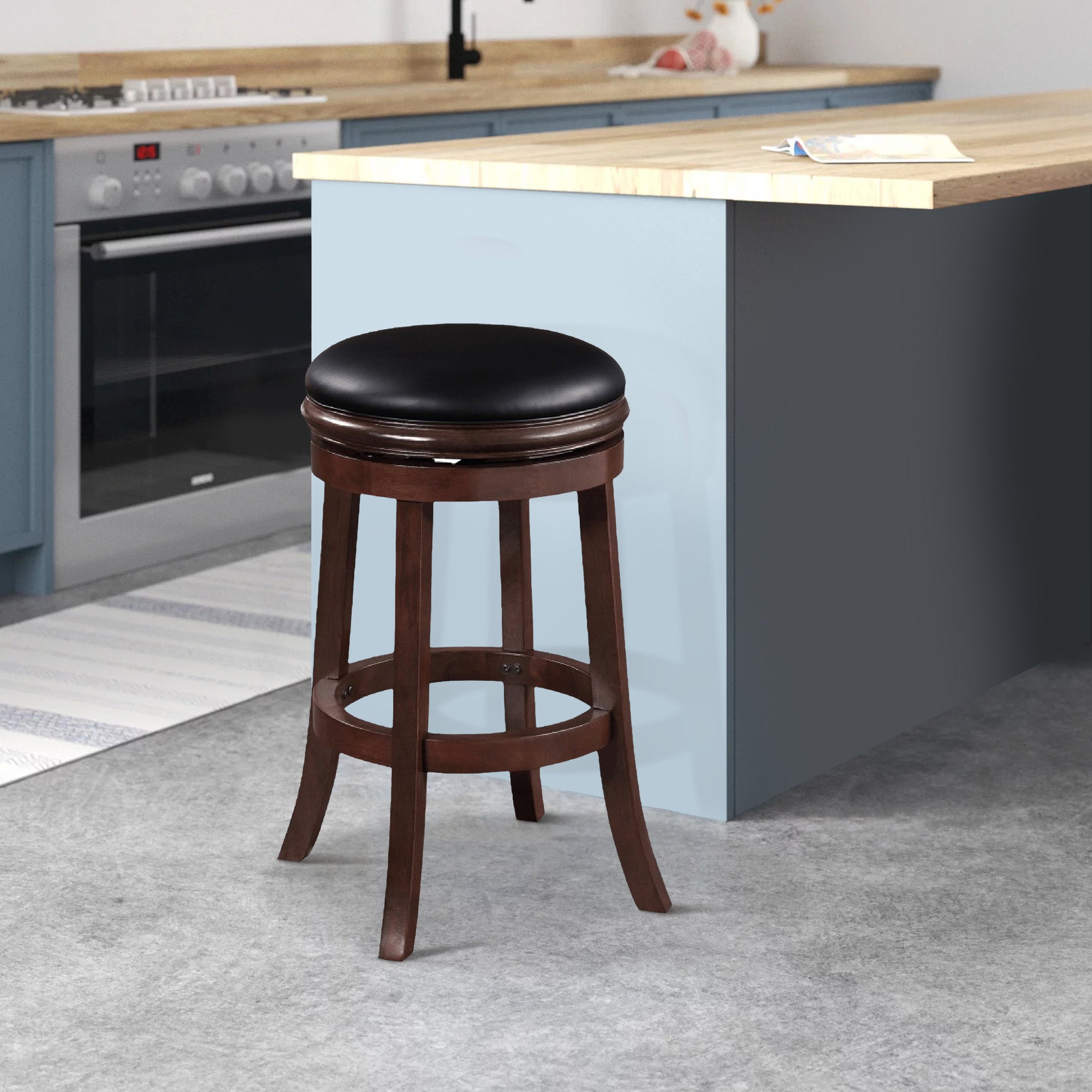 Benjara Sabi 29 inch Swivel Counter Stool, Solid Wood, Faux Leather, Brown, Black