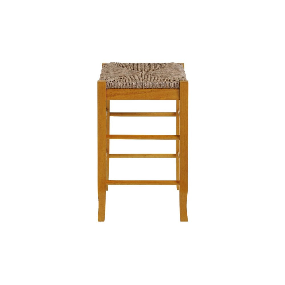 Benjara Chris 24 Inch Counter Stool with Wood Frame, Handwoven Rush Seat, Oak Brown