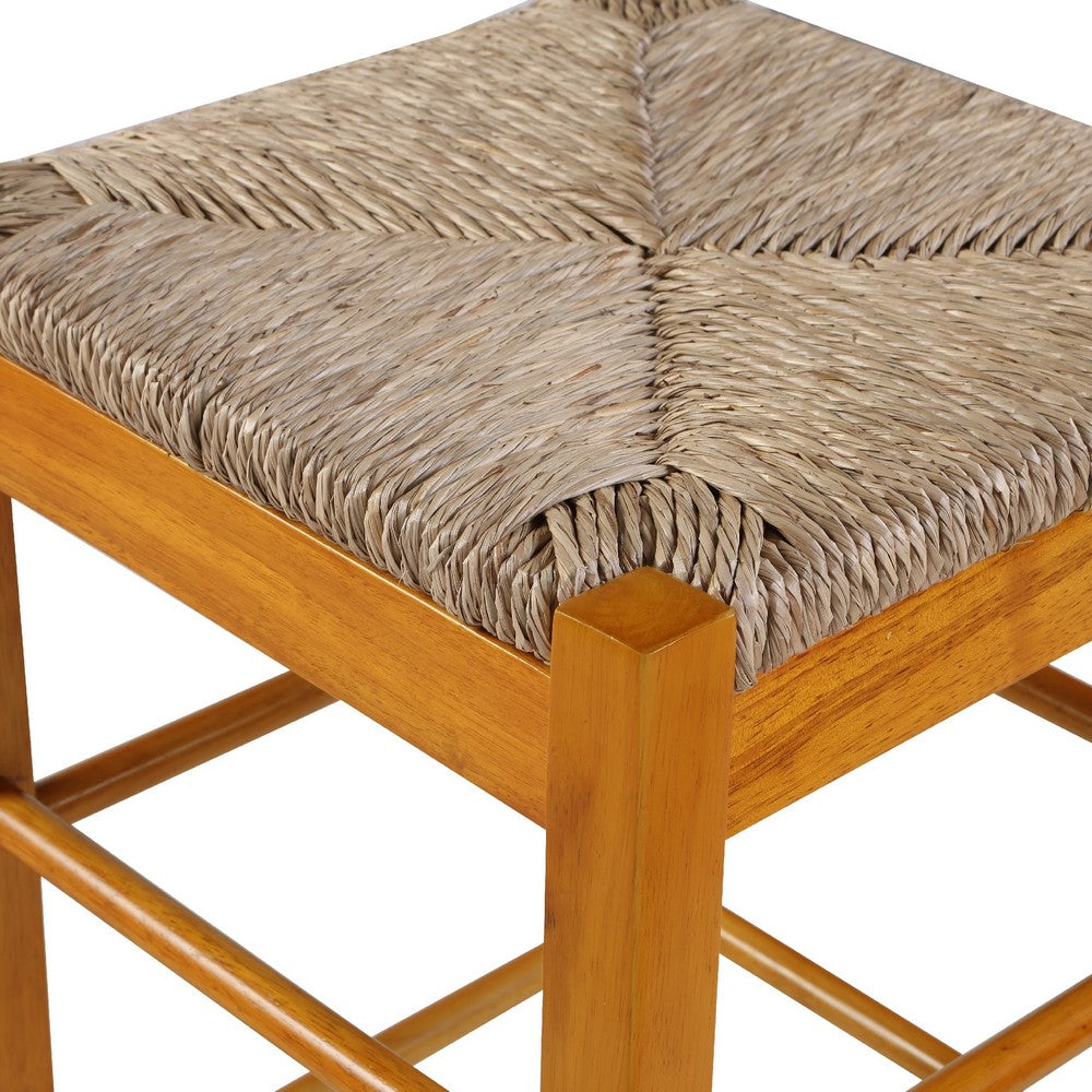 Benjara Chris 24 Inch Counter Stool with Wood Frame, Handwoven Rush Seat, Oak Brown