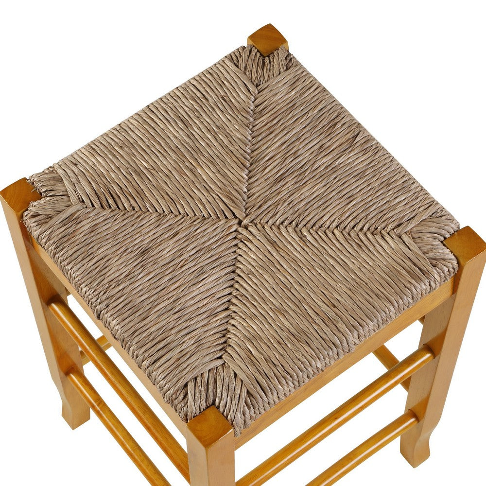 Benjara Chris 24 Inch Counter Stool with Wood Frame, Handwoven Rush Seat, Oak Brown