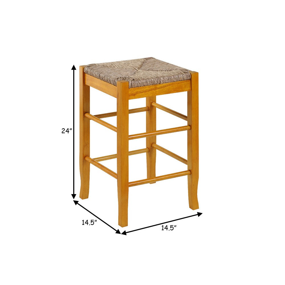Benjara Chris 24 Inch Counter Stool with Wood Frame, Handwoven Rush Seat, Oak Brown