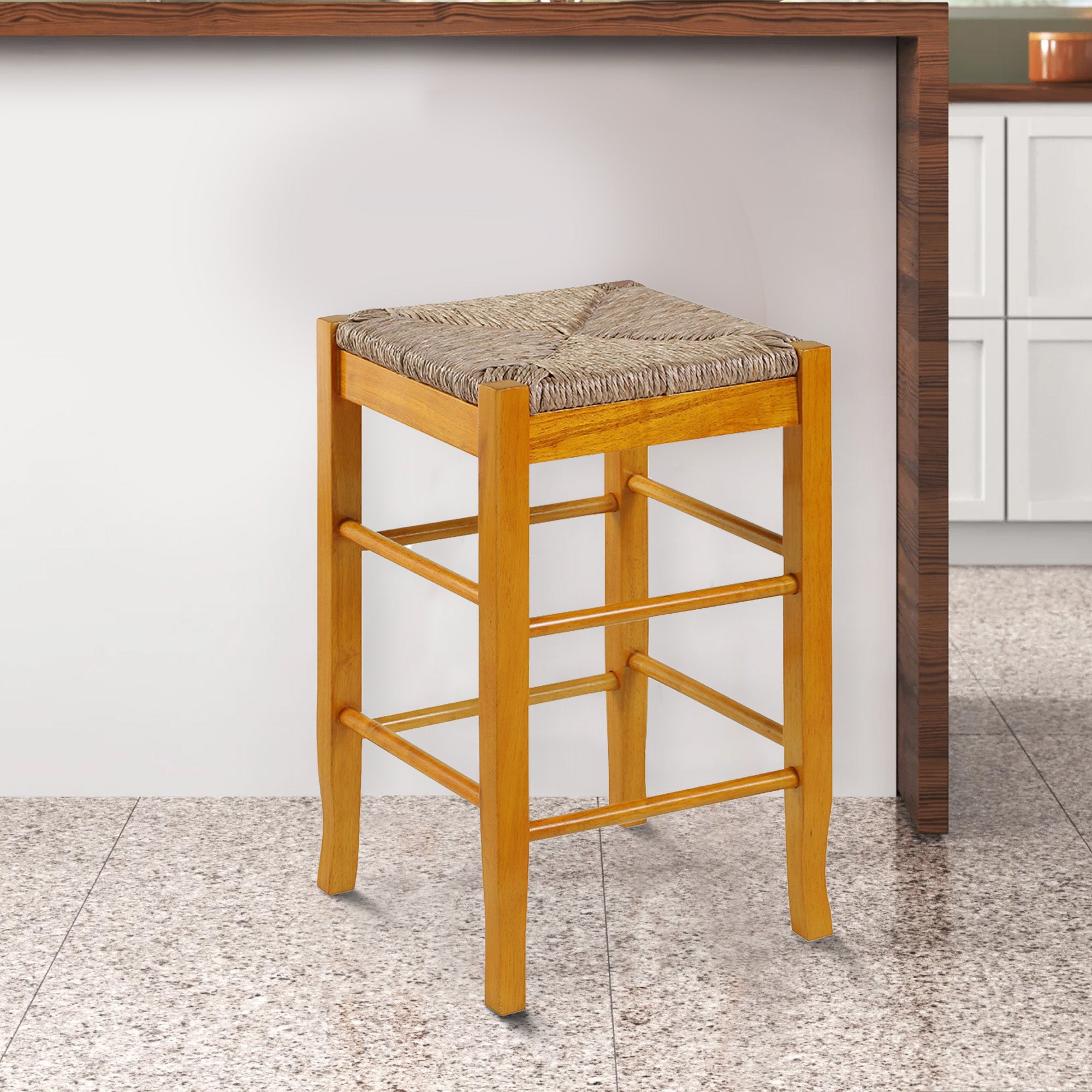 Benjara Chris 24 Inch Counter Stool with Wood Frame, Handwoven Rush Seat, Oak Brown