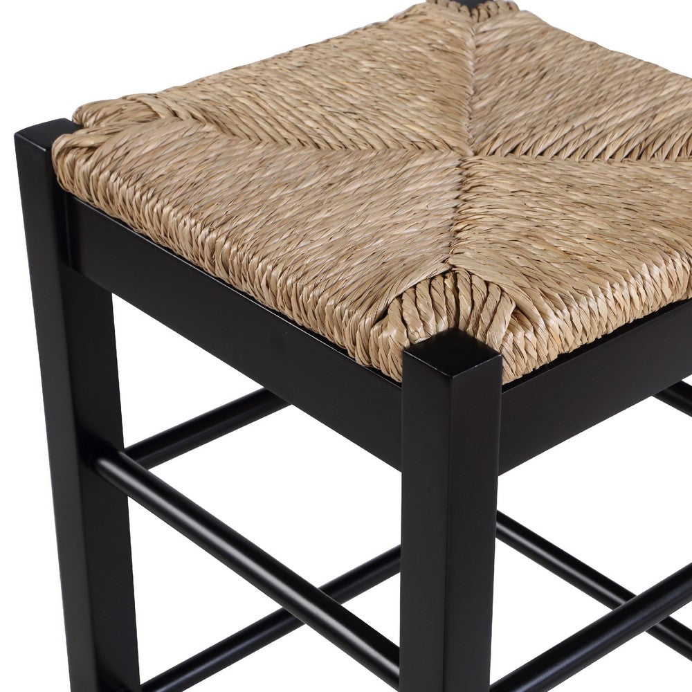 Benjara Chris 24 Inch Counter Stool with Wood Frame, Handwoven Rush Seat, Black