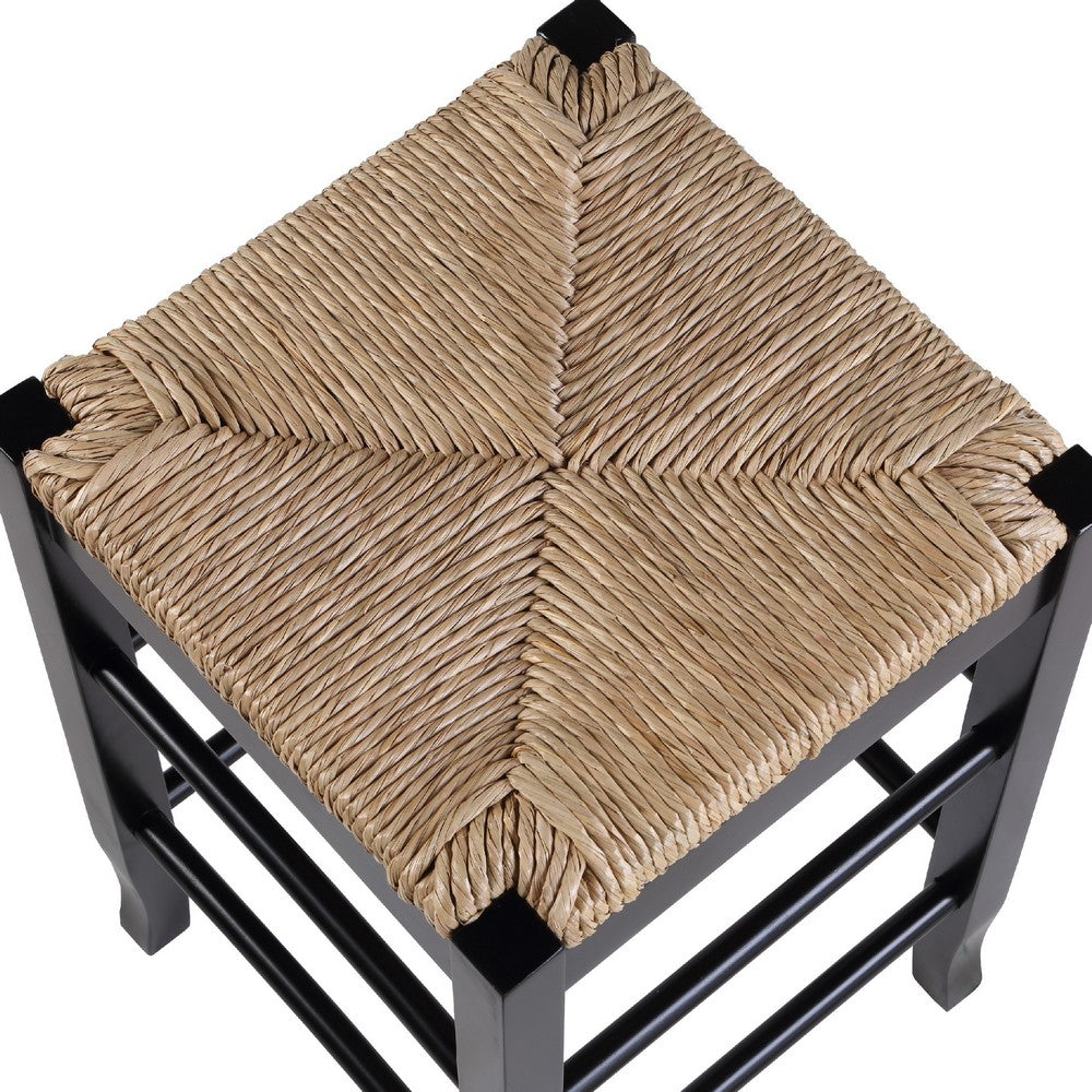 Benjara Chris 24 Inch Counter Stool with Wood Frame, Handwoven Rush Seat, Black