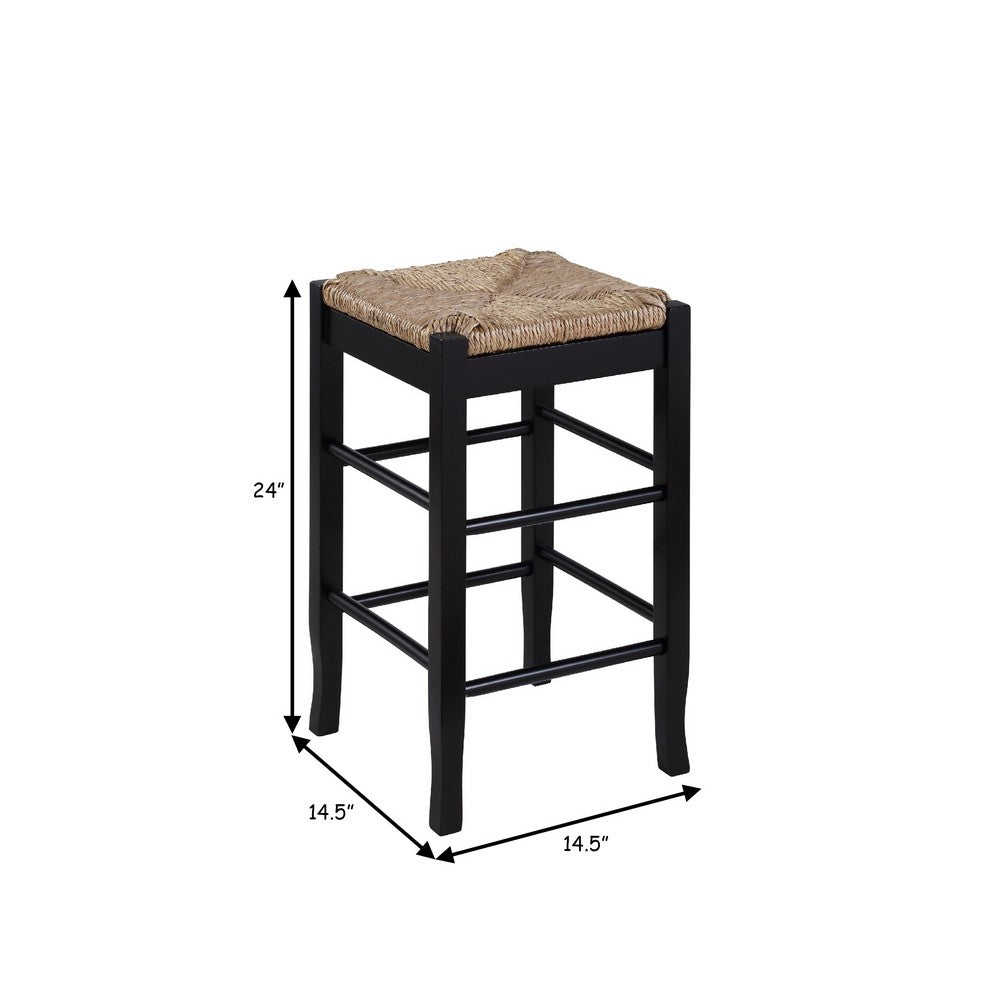 Benjara Chris 24 Inch Counter Stool with Wood Frame, Handwoven Rush Seat, Black