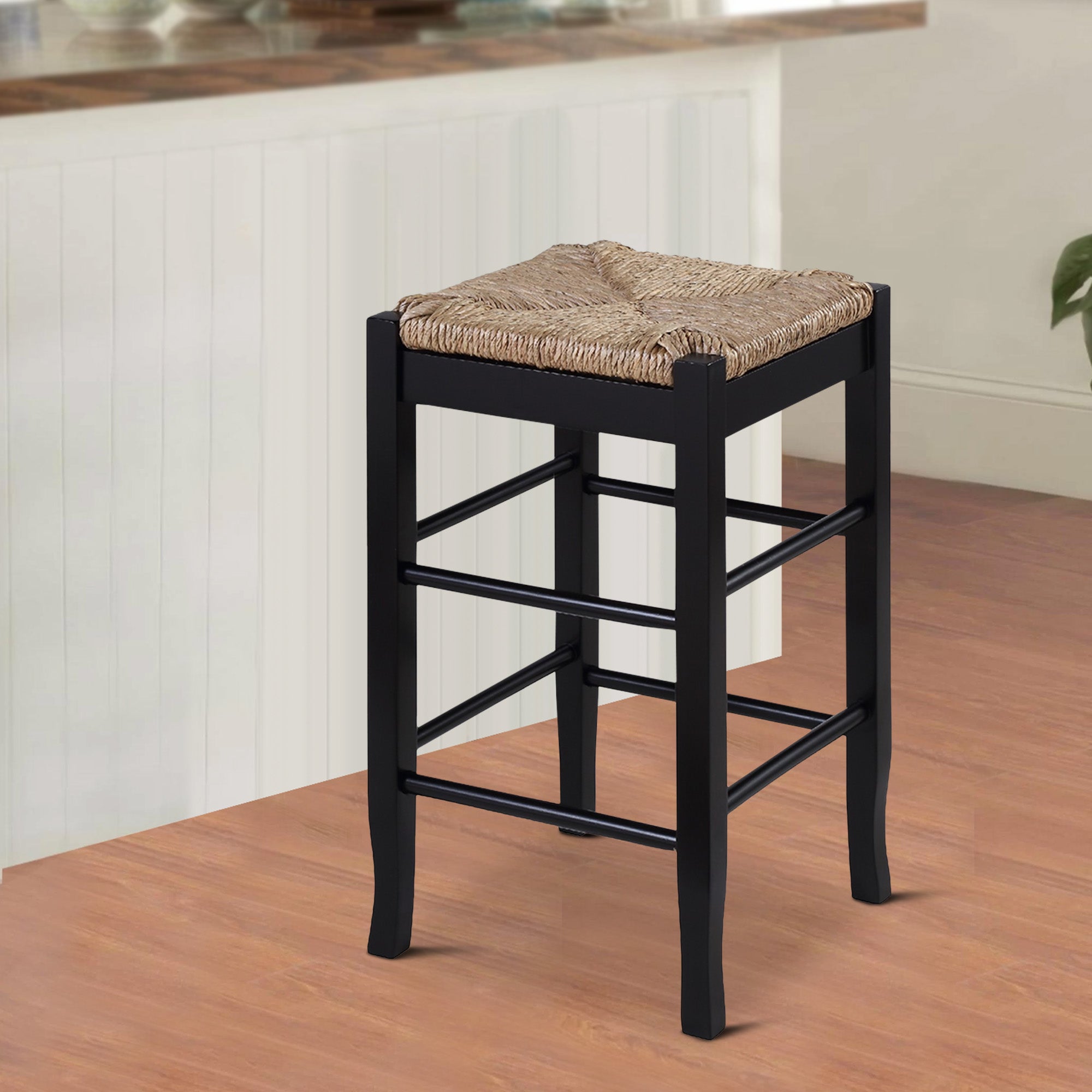 Benjara Chris 24 Inch Counter Stool with Wood Frame, Handwoven Rush Seat, Black