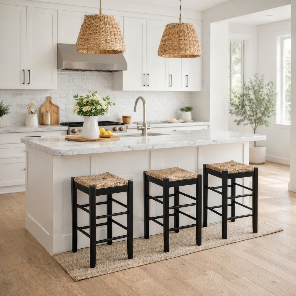 Benjara Chris 24 Inch Counter Stool with Wood Frame, Handwoven Rush Seat, Black