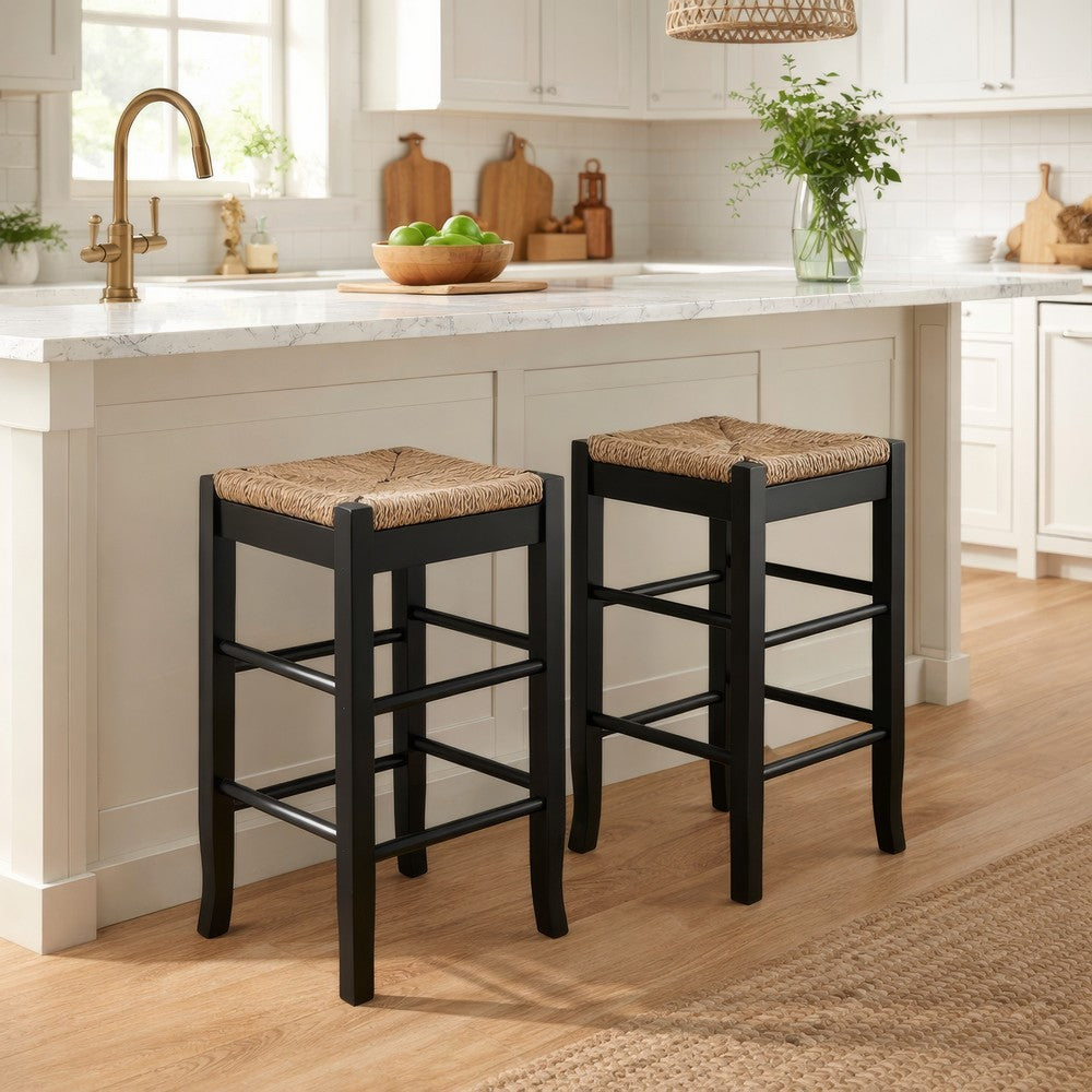 Benjara Chris 24 Inch Counter Stool with Wood Frame, Handwoven Rush Seat, Black