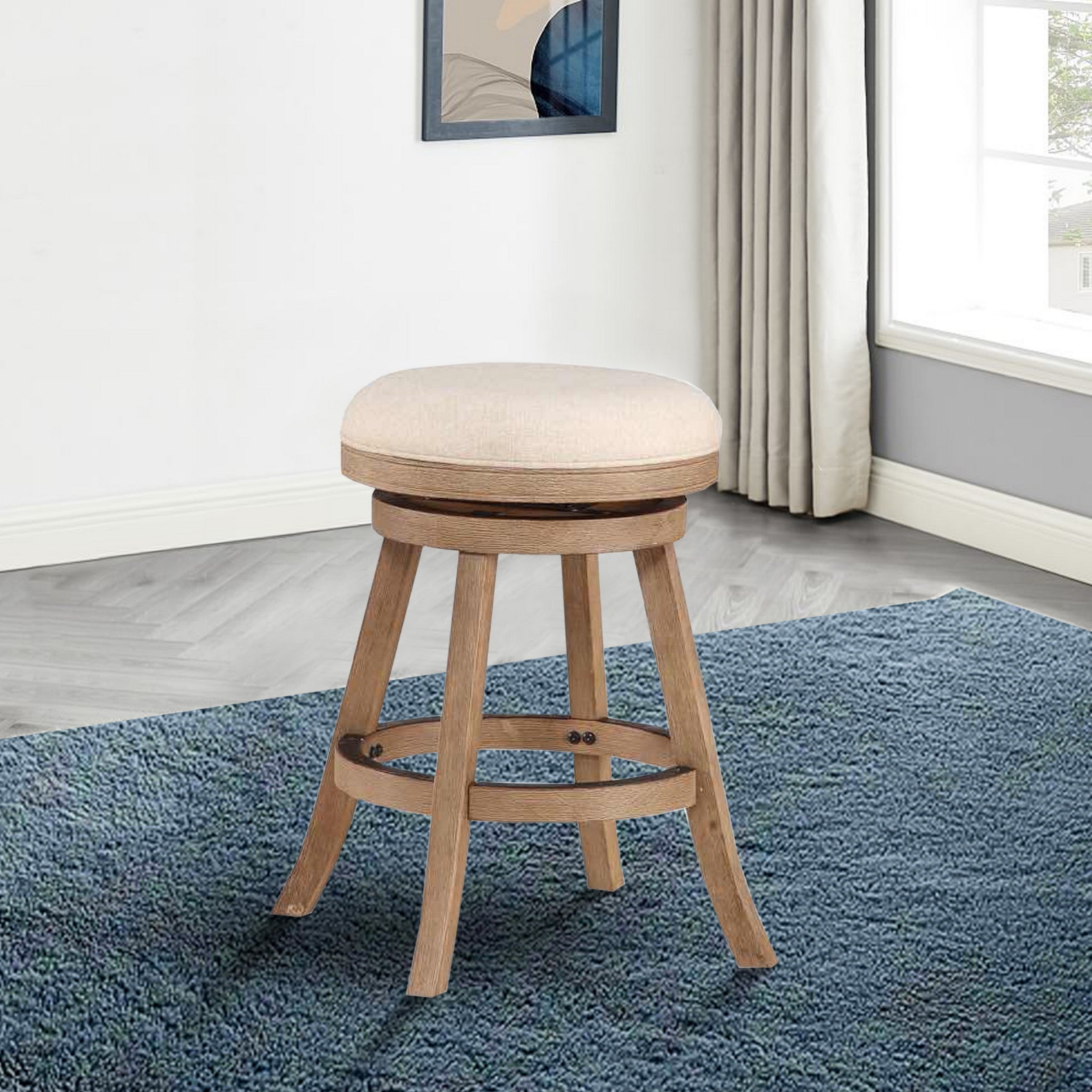 Benjara Liam 24 Inch Wood Counter Stool, Swivel Seat, High Density Foam Cushion, Ivory