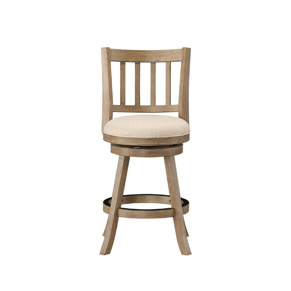 Benjara Adam 24 Inch Solid Wood Swivel Counter Stool, Slatted Back, Ivory