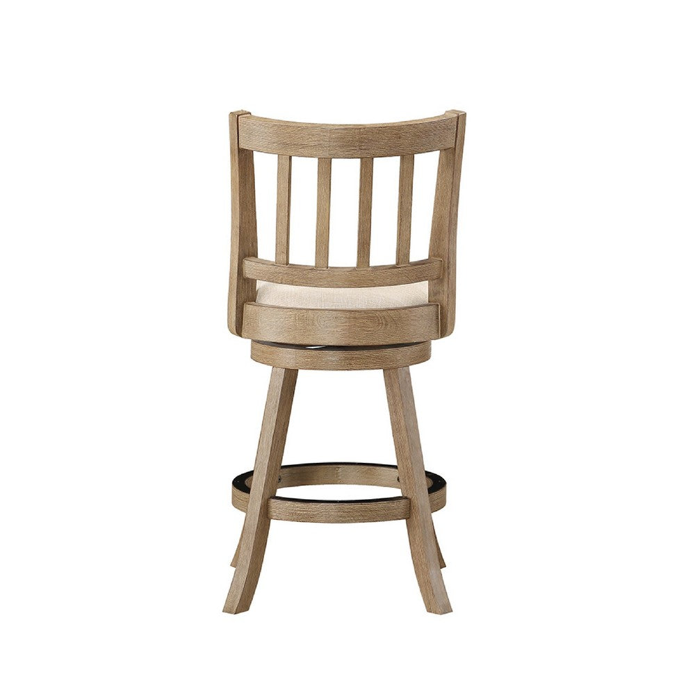 Benjara Adam 24 Inch Solid Wood Swivel Counter Stool, Slatted Back, Ivory
