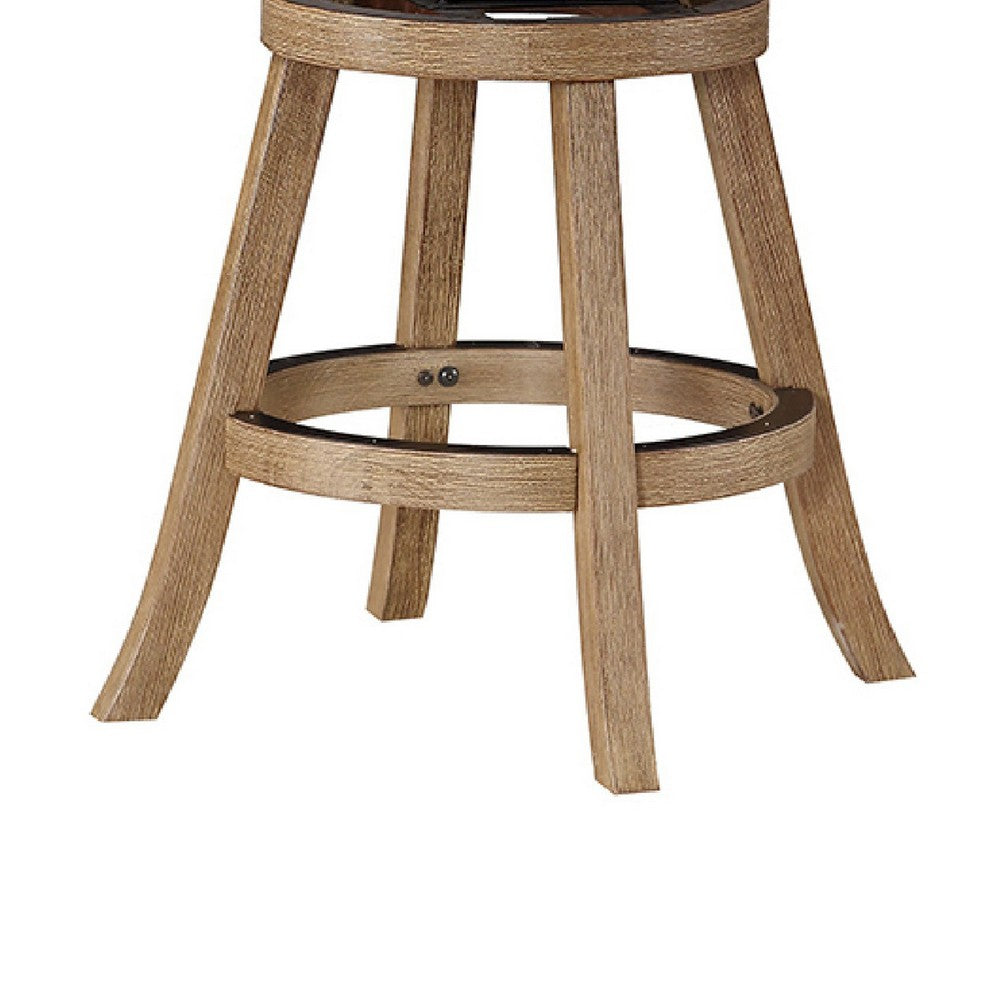 Benjara Adam 24 Inch Solid Wood Swivel Counter Stool, Slatted Back, Ivory