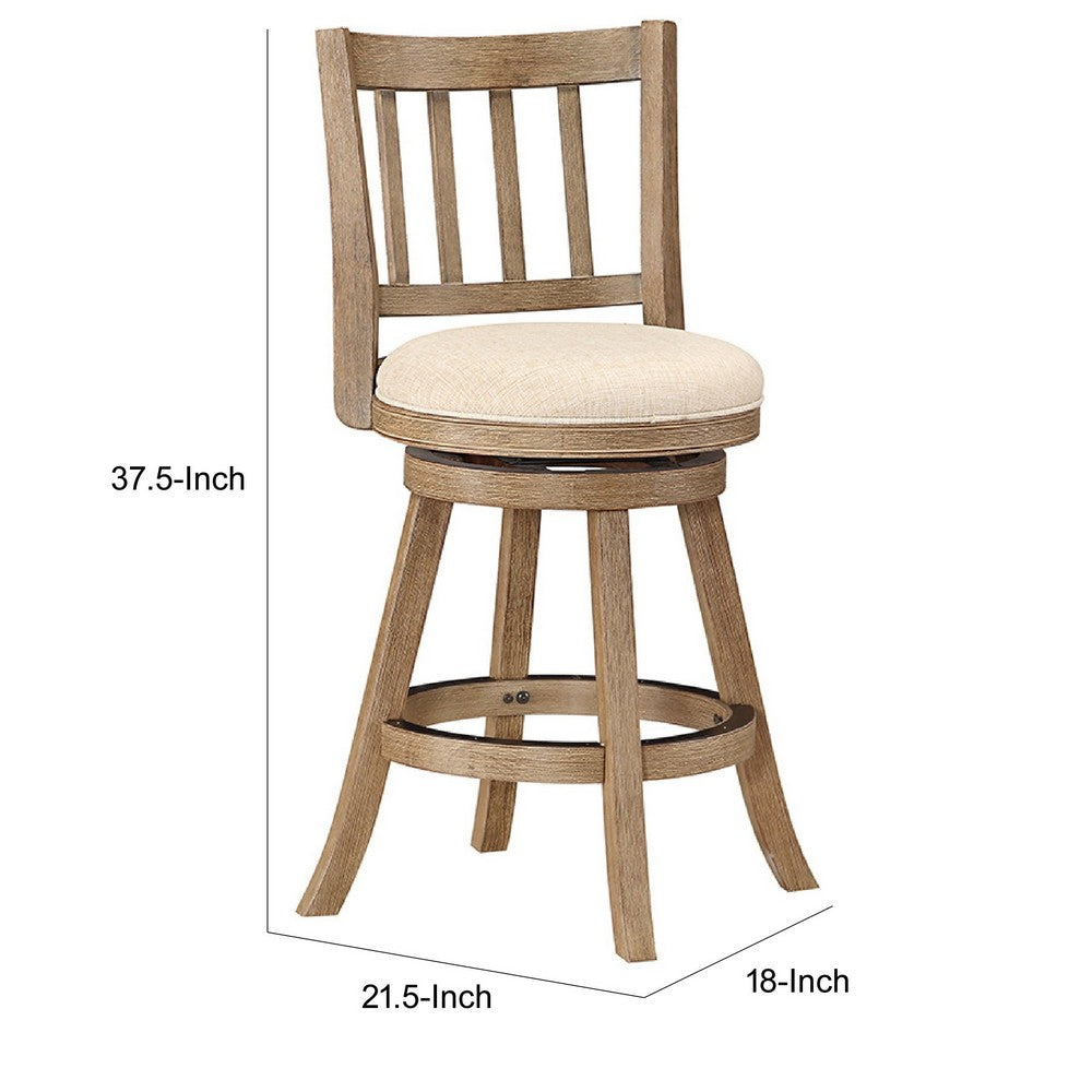 Benjara Adam 24 Inch Solid Wood Swivel Counter Stool, Slatted Back, Ivory