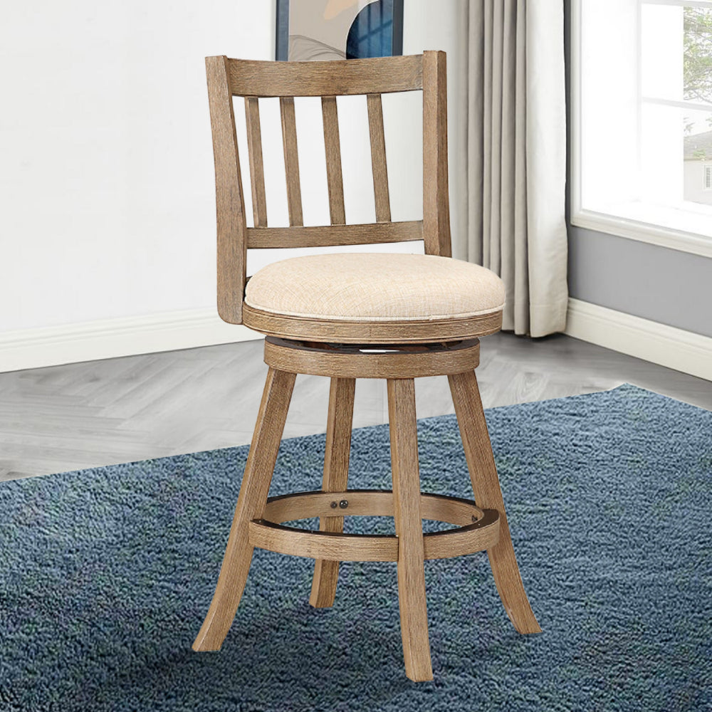 Benjara Adam 24 Inch Solid Wood Swivel Counter Stool, Slatted Back, Ivory