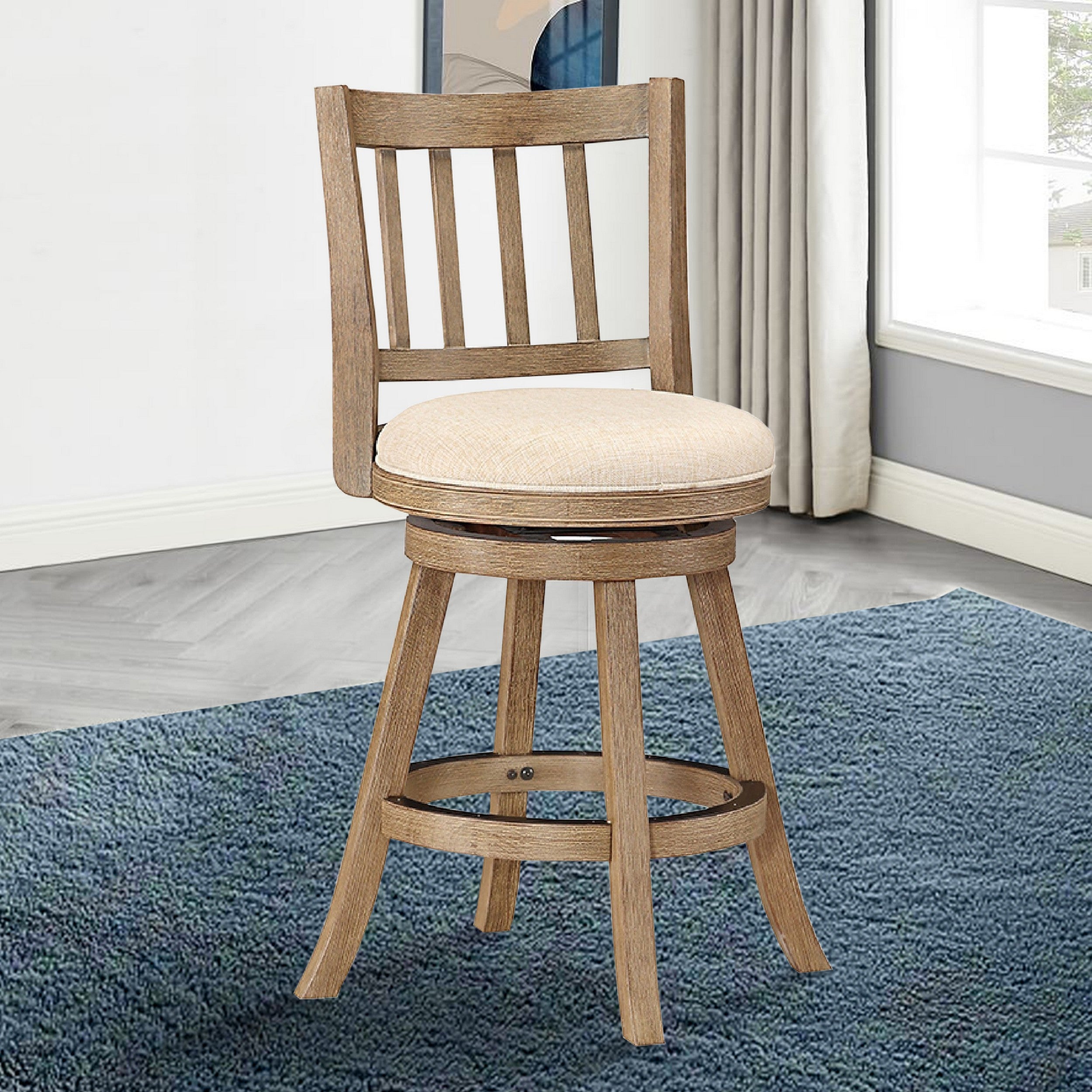 Benjara Adam 24 Inch Solid Wood Swivel Counter Stool, Slatted Back, Ivory