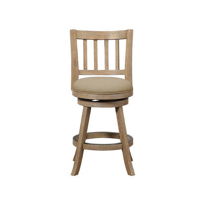 Benjara Adam 24 Inch Solid Wood Swivel Counter Stool, Slatted Back, Oat Brown