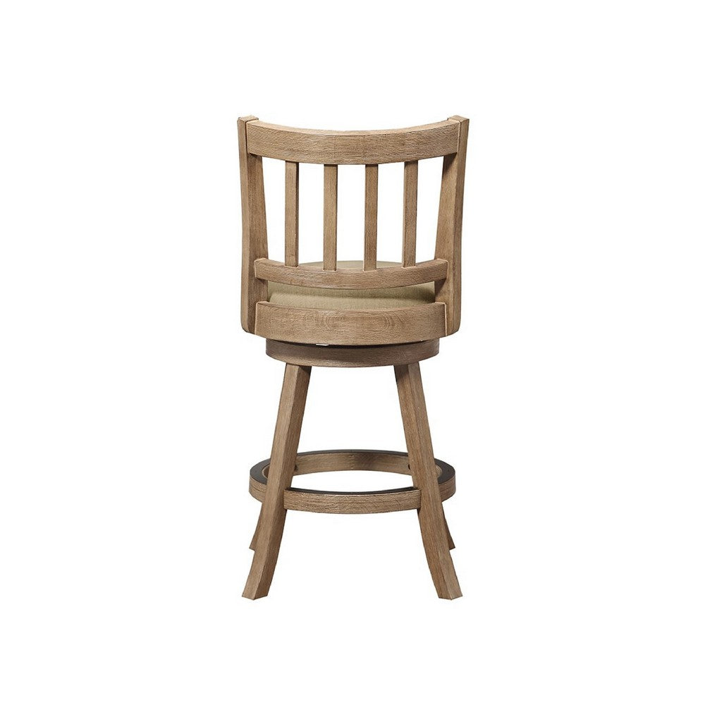 Benjara Adam 24 Inch Solid Wood Swivel Counter Stool, Slatted Back, Oat Brown