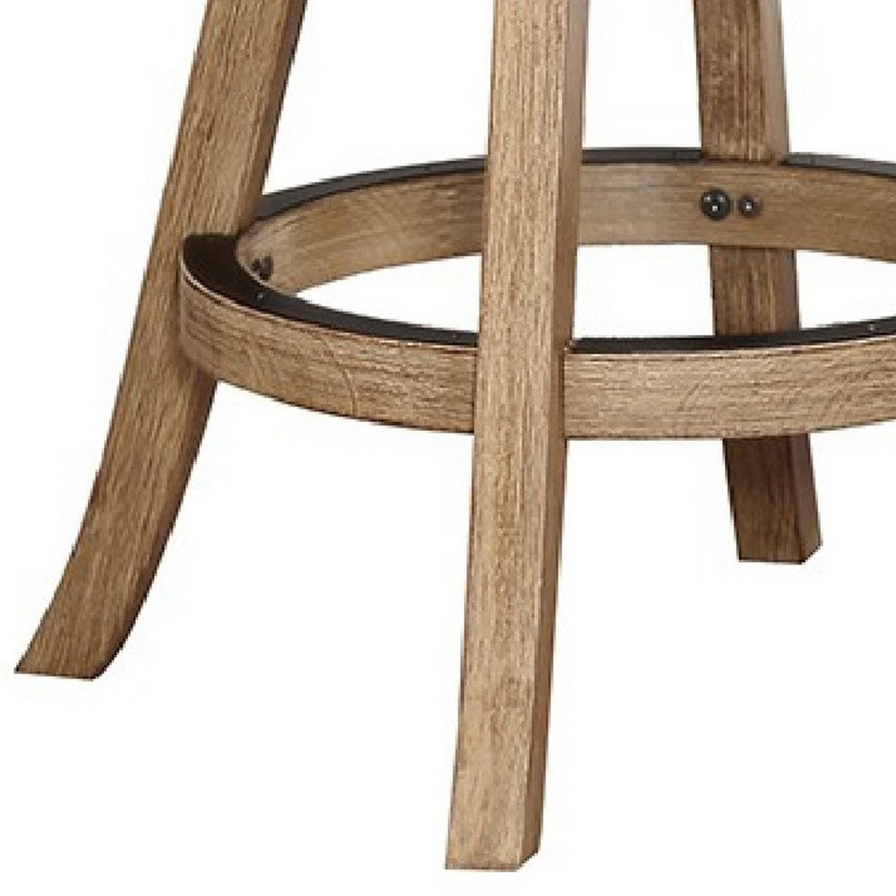 Benjara Adam 24 Inch Solid Wood Swivel Counter Stool, Slatted Back, Oat Brown