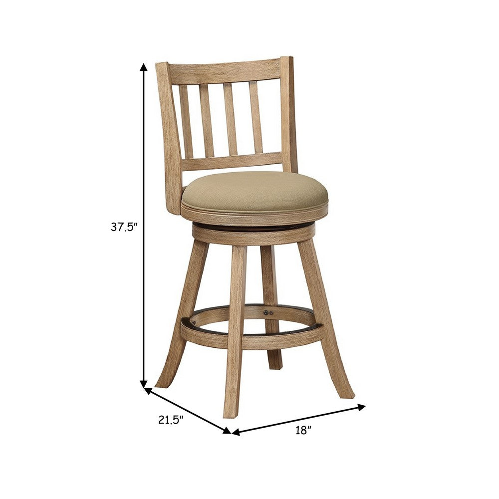 Benjara Adam 24 Inch Solid Wood Swivel Counter Stool, Slatted Back, Oat Brown