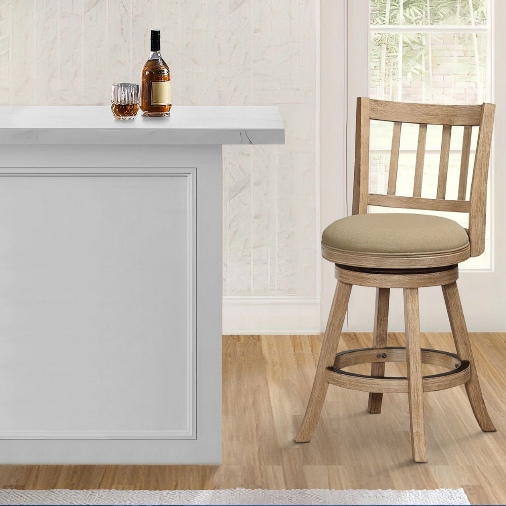 Benjara Adam 24 Inch Solid Wood Swivel Counter Stool, Slatted Back, Oat Brown