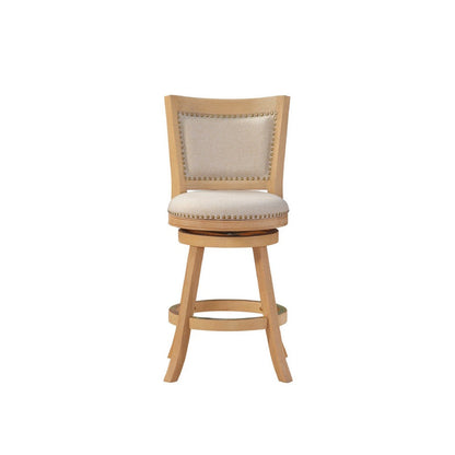 Benjara Kia 24 Inch Solid Wood Swivel Counter Stool, Curved Panel Back, Brass Nailheads, Ivory