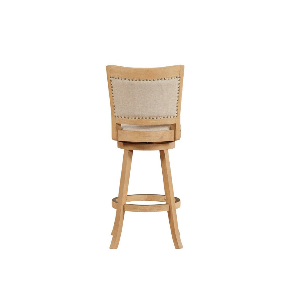 Benjara Kia 24 Inch Solid Wood Swivel Counter Stool, Curved Panel Back, Brass Nailheads, Ivory