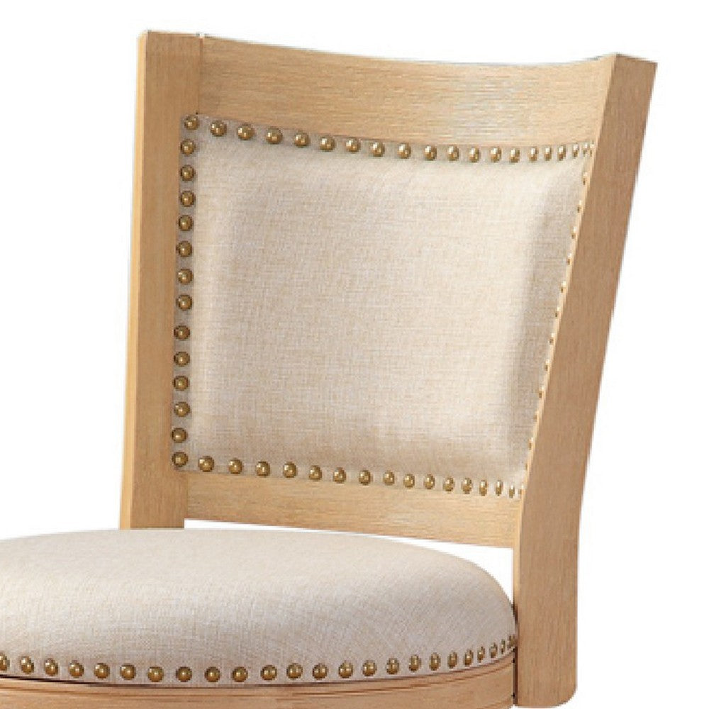 Benjara Kia 24 Inch Solid Wood Swivel Counter Stool, Curved Panel Back, Brass Nailheads, Ivory