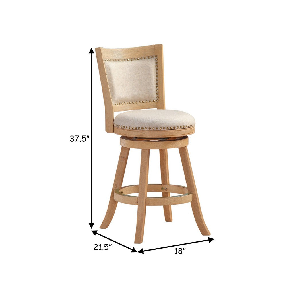 Benjara Kia 24 Inch Solid Wood Swivel Counter Stool, Curved Panel Back, Brass Nailheads, Ivory