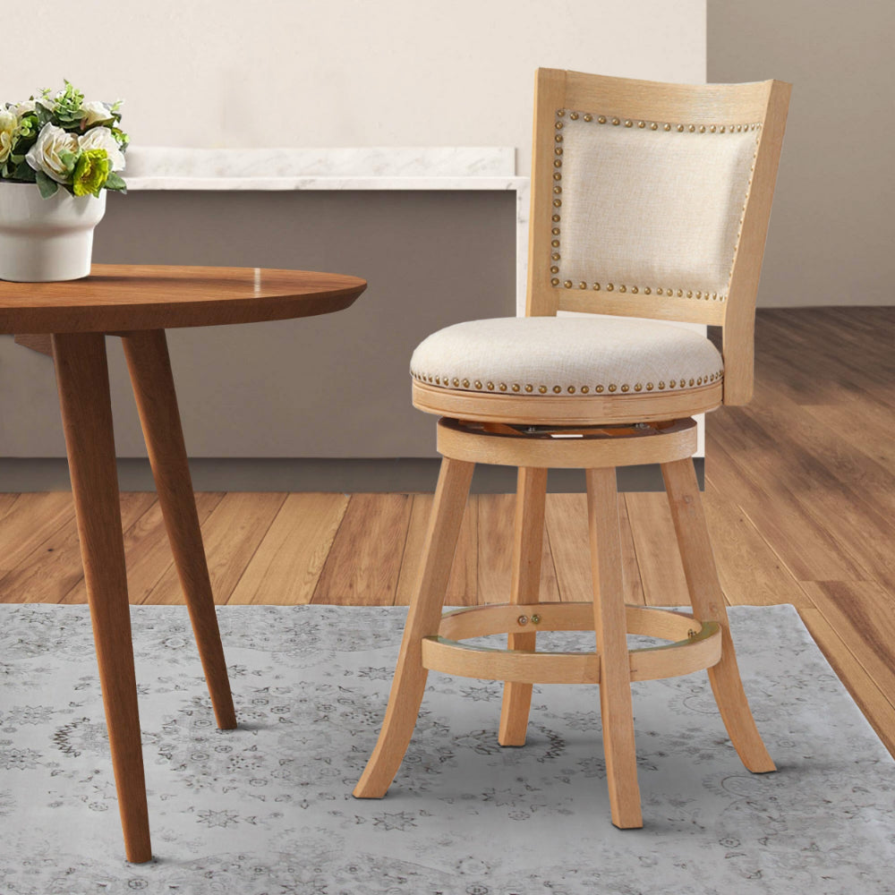 Benjara Kia 24 Inch Solid Wood Swivel Counter Stool, Curved Panel Back, Brass Nailheads, Ivory