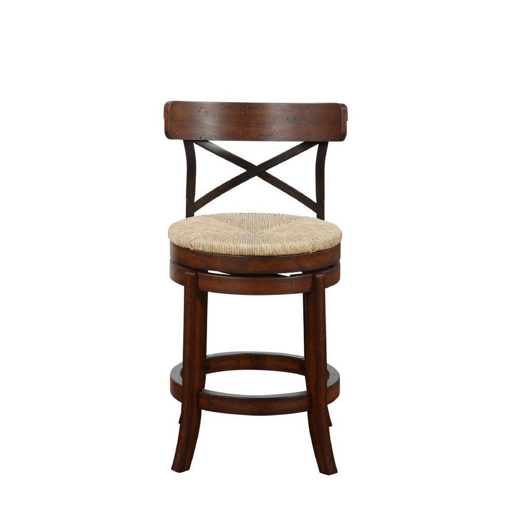 Benjara Mia 24 Inch Swivel Counter Stool, Crossed Metal Back, Sedge Seat, Brown