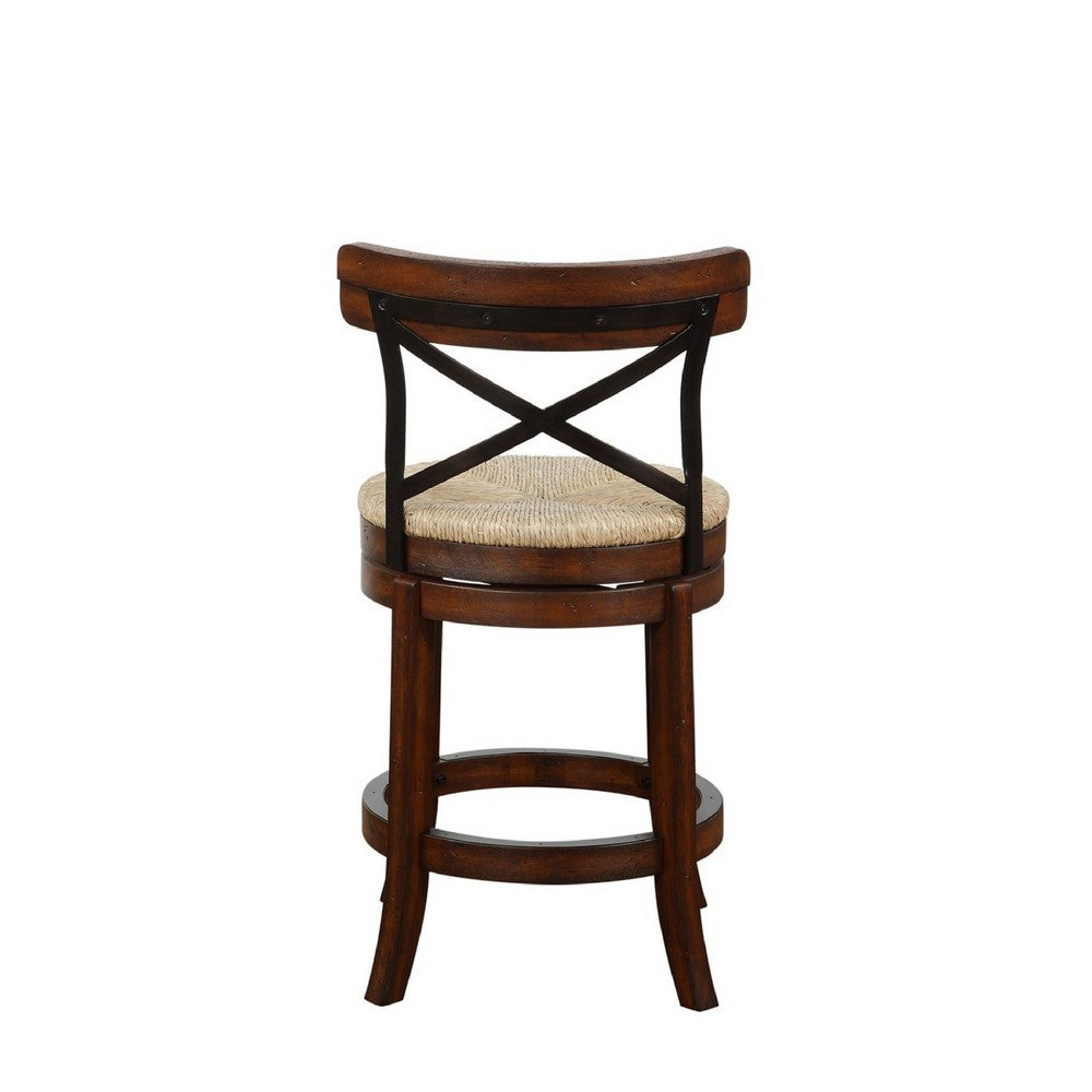 Benjara Mia 24 Inch Swivel Counter Stool, Crossed Metal Back, Sedge Seat, Brown