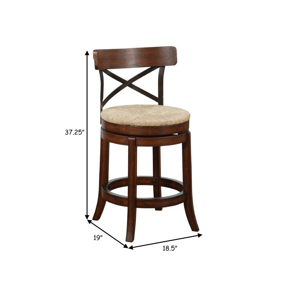 Benjara Mia 24 Inch Swivel Counter Stool, Crossed Metal Back, Sedge Seat, Brown