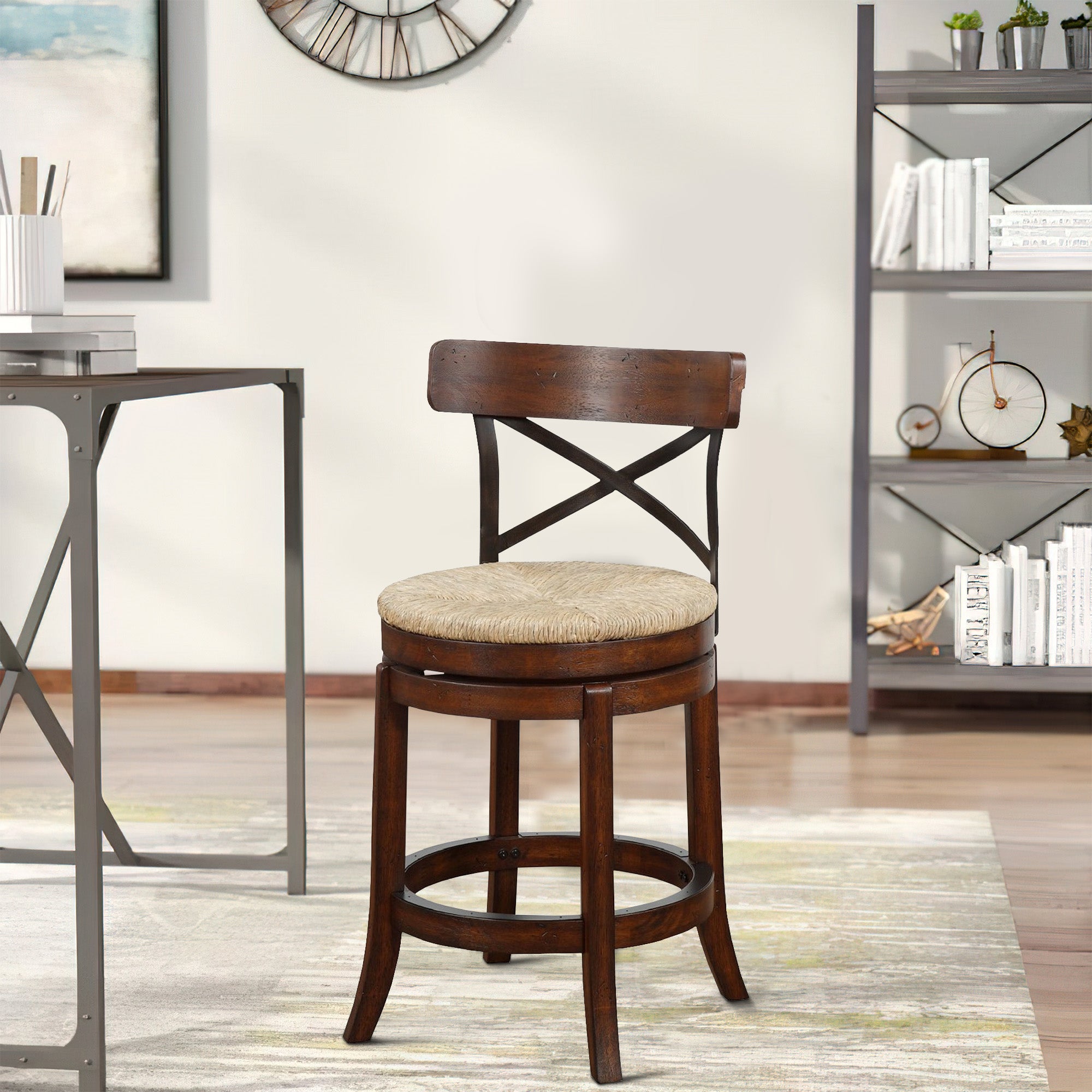 Benjara Mia 24 Inch Swivel Counter Stool, Crossed Metal Back, Sedge Seat, Brown