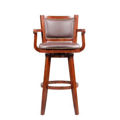 Benjara Hugo 34 Inch Swivel Barstool, Wood, Open Rolled Arms, Bonded Leather, Brown