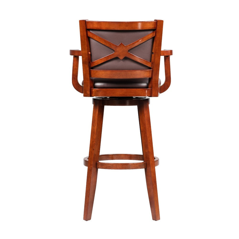 Benjara Hugo 34 Inch Swivel Barstool, Wood, Open Rolled Arms, Bonded Leather, Brown