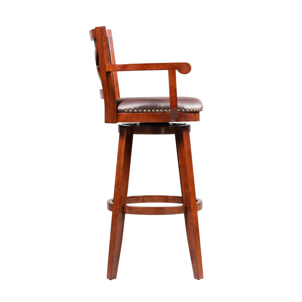 Benjara Hugo 34 Inch Swivel Barstool, Wood, Open Rolled Arms, Bonded Leather, Brown