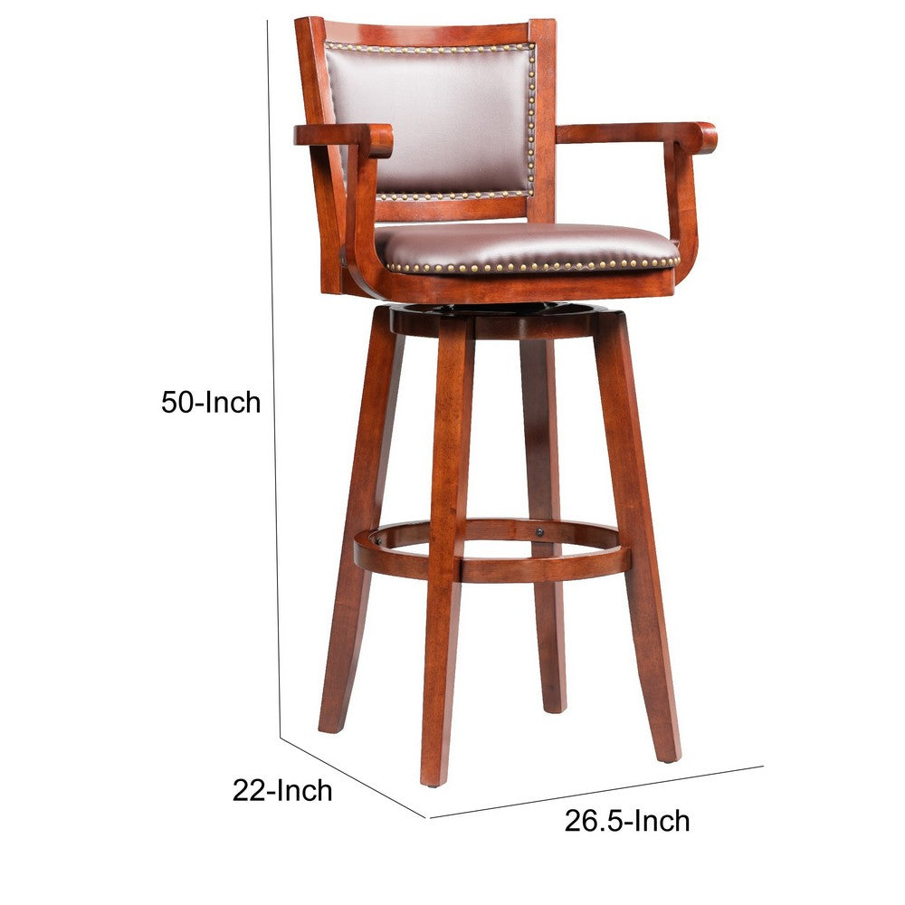 Benjara Hugo 34 Inch Swivel Barstool, Wood, Open Rolled Arms, Bonded Leather, Brown