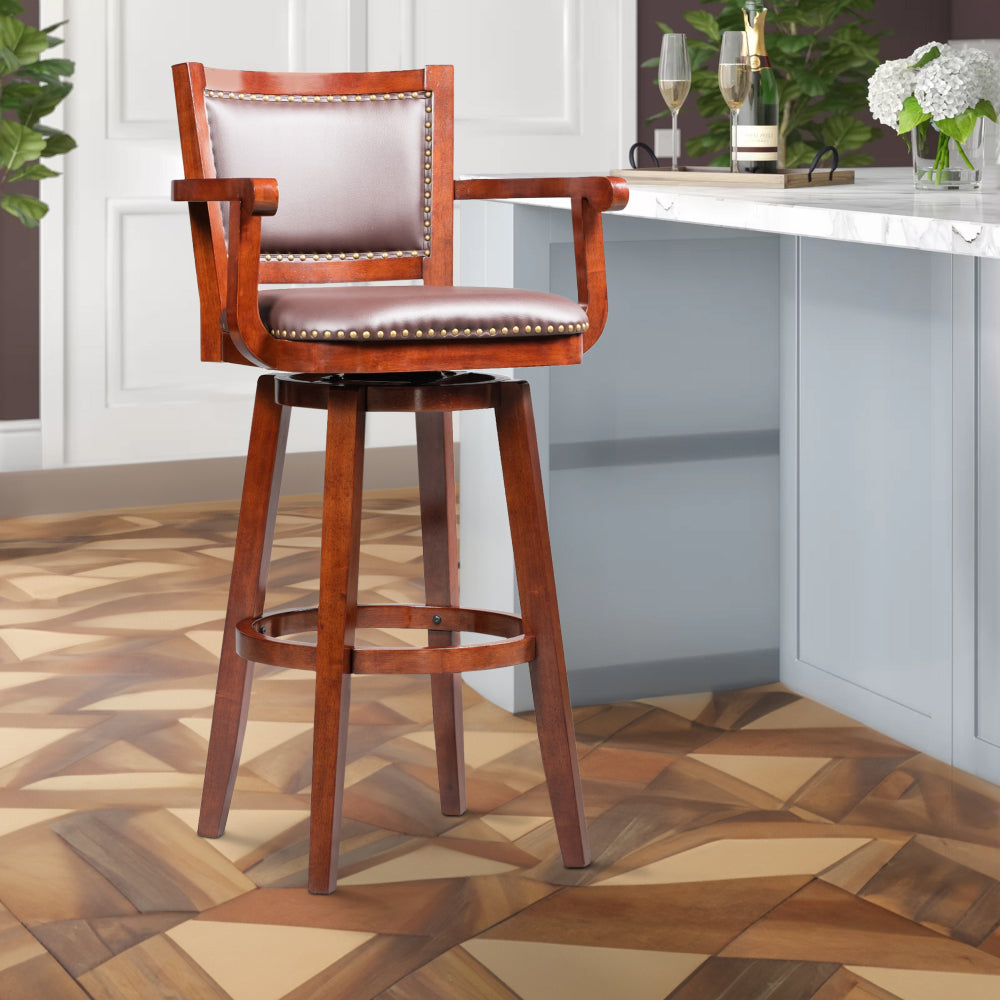 Benjara Hugo 34 Inch Swivel Barstool, Wood, Open Rolled Arms, Bonded Leather, Brown