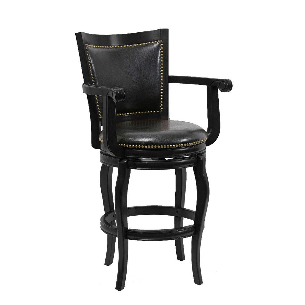 Benjara Hugo 29 Inch 360-Degree Swivel Barstool, Wood, Open Rolled Arms, Black