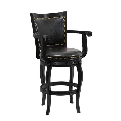 Benjara Hugo 29 Inch 360-Degree Swivel Barstool, Wood, Open Rolled Arms, Black